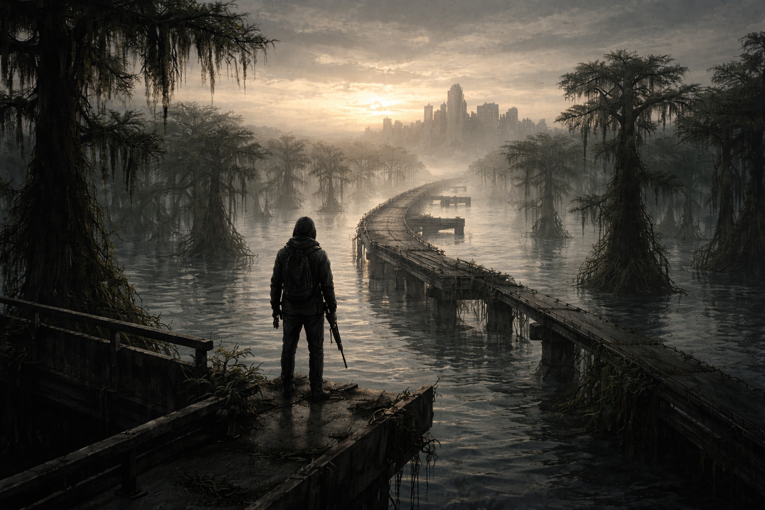 Lone figure overlooking a flooded bayou highway